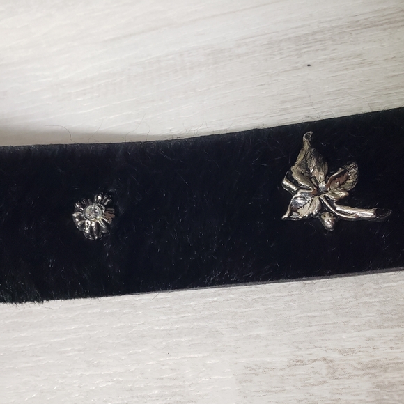 Berge Black Pony Hair Calf Hair Belt Silver Botanical Details Buckle Boho Edgy - Picture 15 of 15
